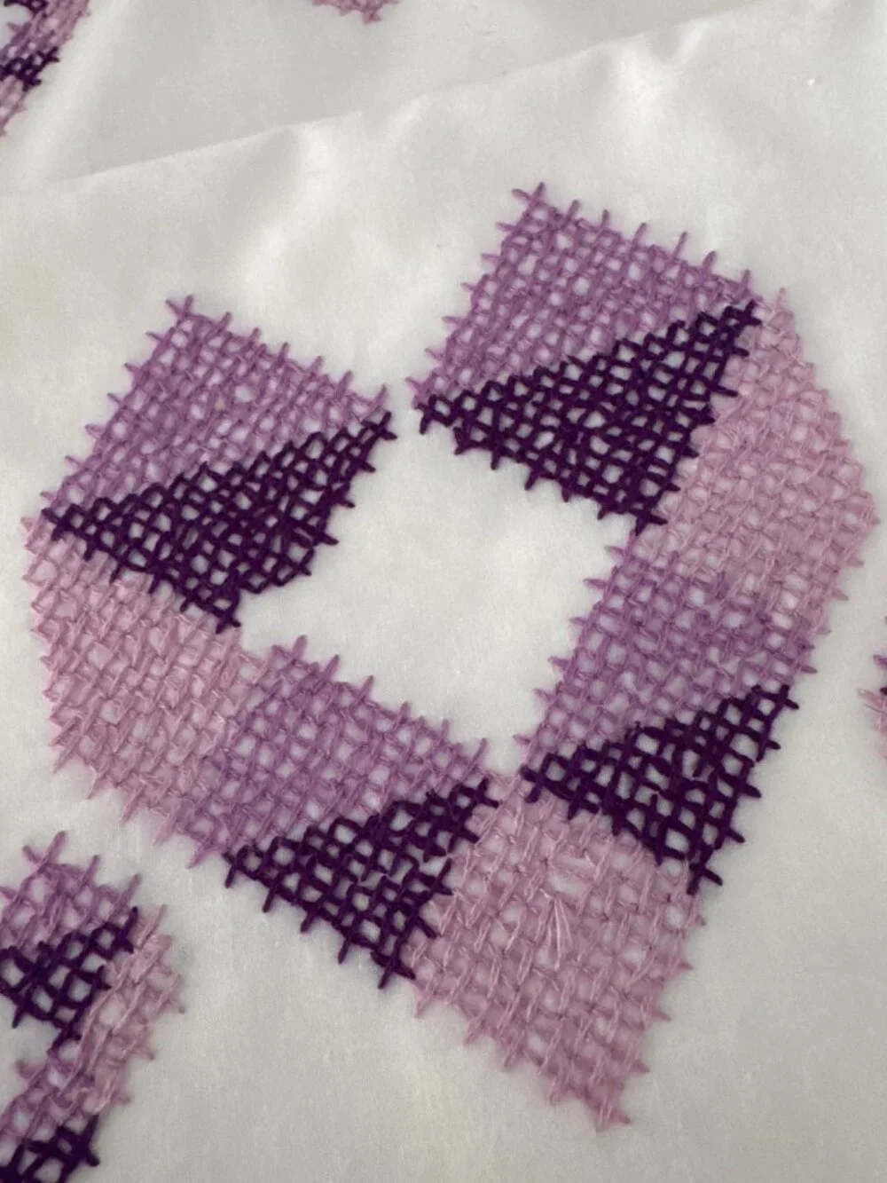 Handmade Cross-Stitched Purple & Lavender Heart Pattern 2 Full Size Pillowcases
